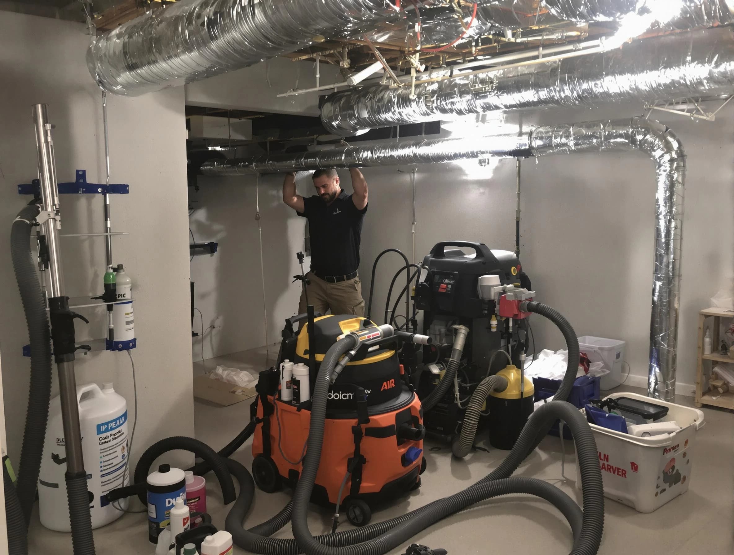 Petersburg Air Duct Cleaning specialist performing professional mold removal from air ducts using safety equipment in Petersburg