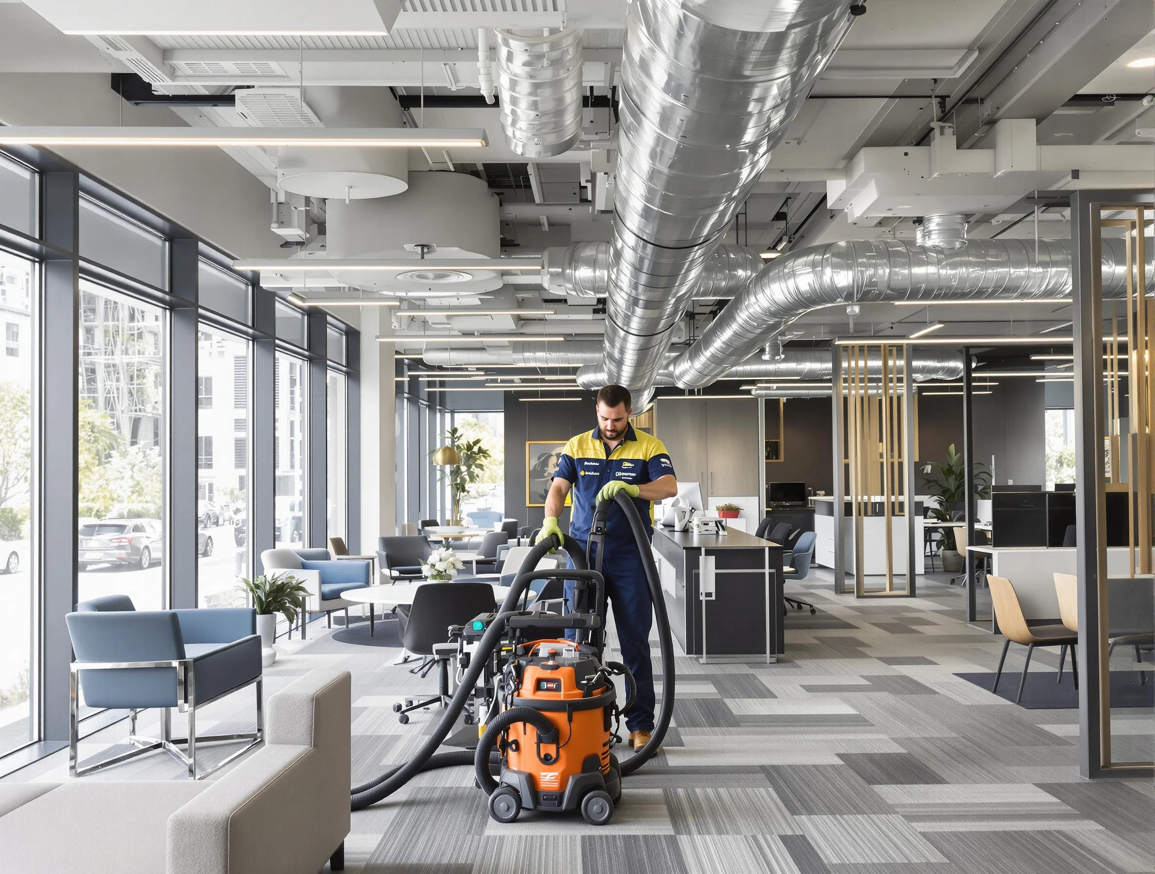 Petersburg Air Duct Cleaning team performing thorough commercial duct cleaning at a Petersburg business center